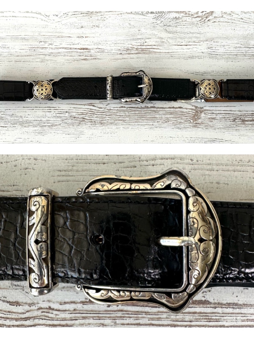BRIGHTON Black Leather Belt with Silver Ornate Accents